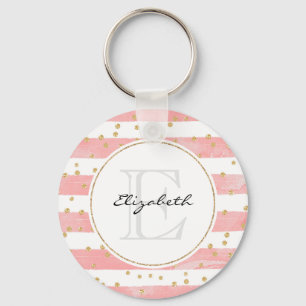 Llavero Rayas Rubor rosadas   Monograma Faux Gold Confetti