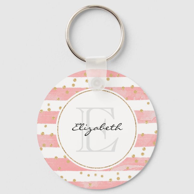 Llavero Rayas Rubor rosadas | Monograma Faux Gold Confetti (Anverso)