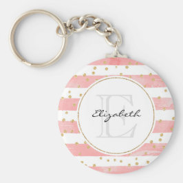 Llavero Rayas Rubor rosadas | Monograma Faux Gold Confetti