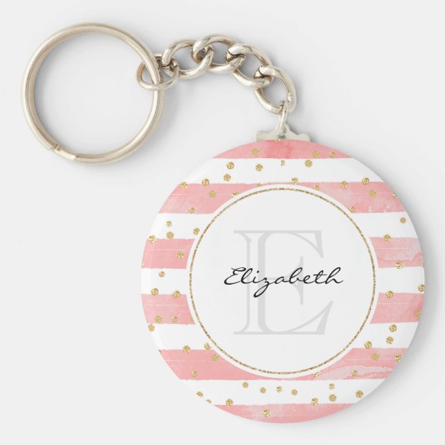 Llavero Rayas Rubor rosadas | Monograma Faux Gold Confetti (Frente)