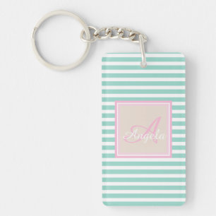 Llavero Rayas verdes menta lindas, personalizadas con mono