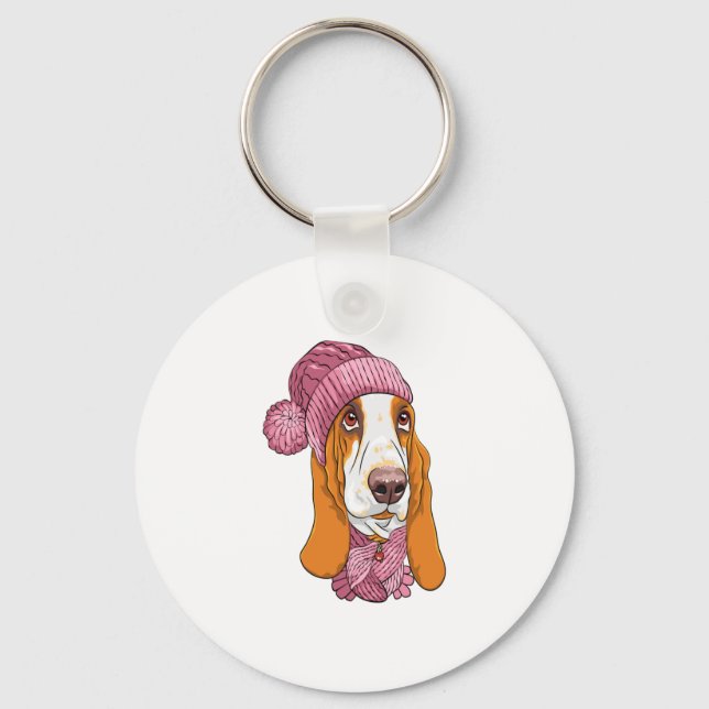 Llavero raza de perro Basset Hound en gorra de punto (Anverso)