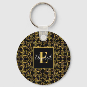 Llavero Real Negro y Dorado Damask Floral Nombre Personali