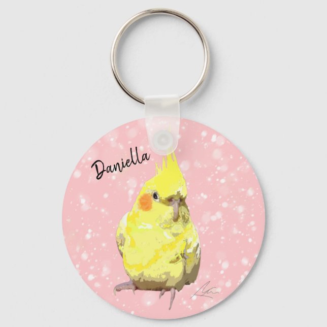 Llavero Realistic Yellow Cockatiel Painting Pink Flurries (Anverso)