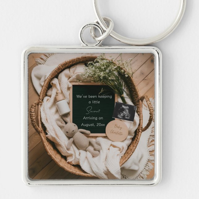 Llavero Recuerdo de anuncio de embarazo boho neutral (Frente)