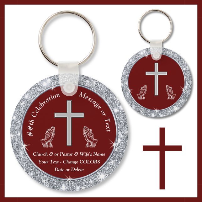 Llavero Recuerdos del aniversario de la Iglesia de las Man (Church anniversary Ideas. Burgundy and Silver, Church party favors. Cheap church keychains. Cross)