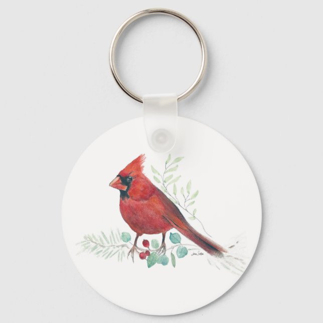 Llavero Red Cardinal Watercolor Art Keychain (Anverso)
