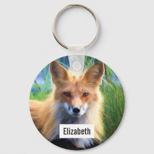 Llavero Red Fox en la escena de la hierba personalizada