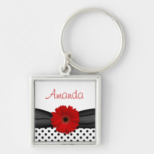 Llavero Red Gerbera Daisy Polka Dot Custom Name Keychain