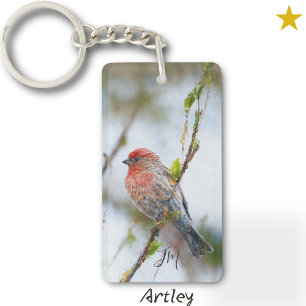 Llavero Red House Finch Bird Pintura de Aves Inicial