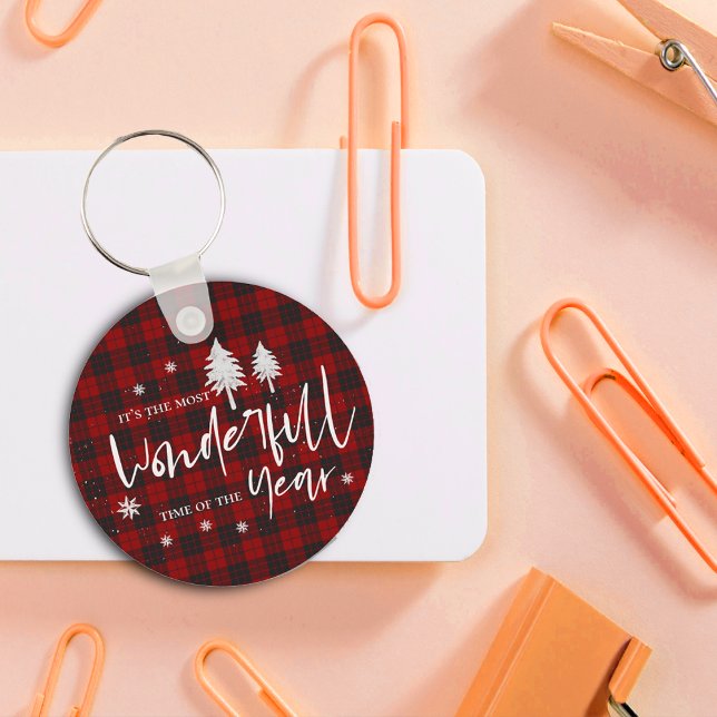 Llavero Red Plaid Maravilloso Momento Del Año Regalo De Na (Red Plaid Wonderful Time Of Year Christmas Gift Keychain)