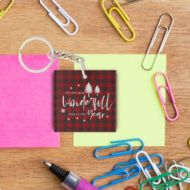 Llavero Red Plaid Maravilloso Momento Del Año Regalo De Na (Red Plaid Wonderful Time Of Year Christmas Gift Keychain)