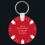 Llavero Red Poker Chip Casino Tema Favor de la Boda<br><div class="desc">El casino de Las Vegas apostando por el boda temática groomsman llavero regalo de la cadena hecho en un estilo de chip de póquer rojo y blanco. Personalice todos los campos de texto para que se ajusten a las necesidades de su boda. Hay productos que coinciden.</div>