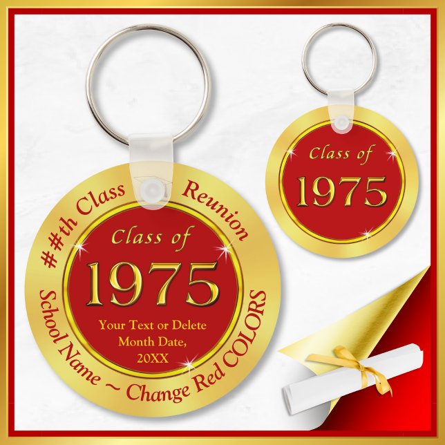 Llavero Red y Oro, Clase 75, Clases Favores de Reunión, (Class of 1975 Reunion. Red and Gold, 50th class reunion party favors. Party Favors for, Class of '75)