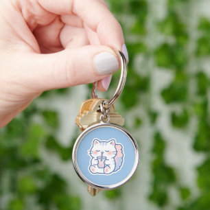 Llavero Redondo de Té de Burbujas de Gato Kawaii A