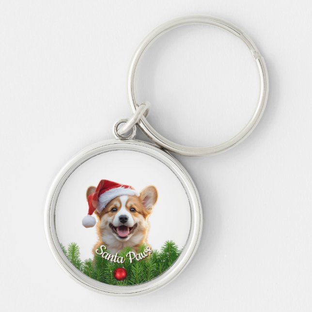 Llavero redondo personalizado – Santa Paws Corgi  (Frente)