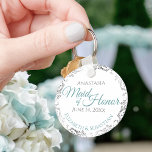 Llavero Regalo de Boda de honor Verde azulado y grisato<br><div class="desc">Estas cadenas están diseñadas para dar como favores a la doncella de honor en su fiesta de bodas. Diseñadas para coordinar con nuestra suite de bodas Verde azulada y gris elegante, cuentan con un diseño sencillo y elegante con fondo blanco, texto verde azulado o turquesa y gris, y un Relieve...</div>