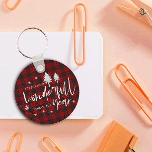 Llavero Regalo de Navidad de Plaid Rojo Tiempo Maravilloso