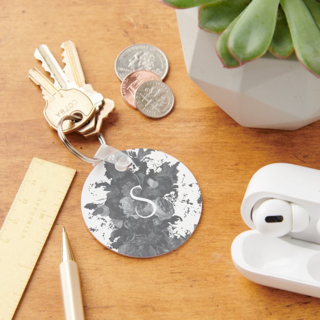 Llavero Regalo Personalizado de Arte Floral en Blanco y Ne (Escritorio )