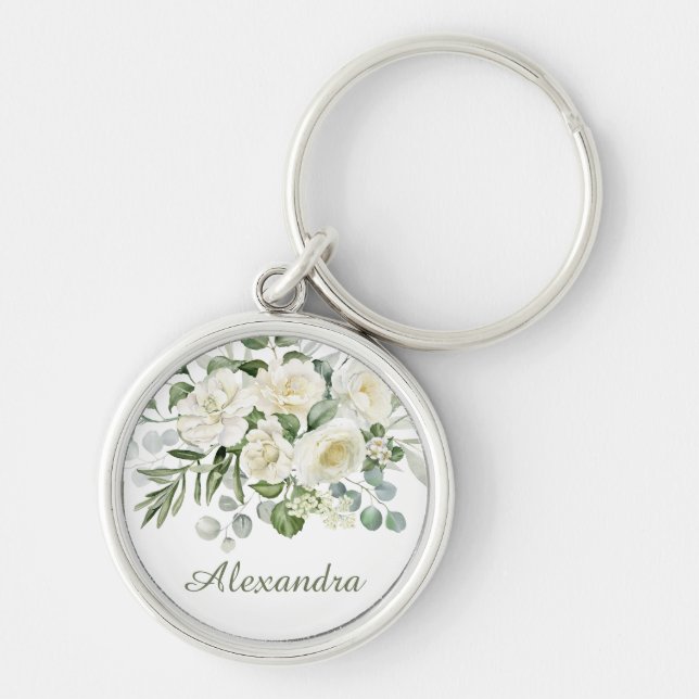 Llavero Regalo personalizado de flores blancas para dama d (Frente)