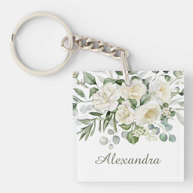 Llavero Regalo personalizado de flores blancas para dama d (Frente)