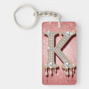 Llavero Regalo rosa con letra inicial K de diamante dorado