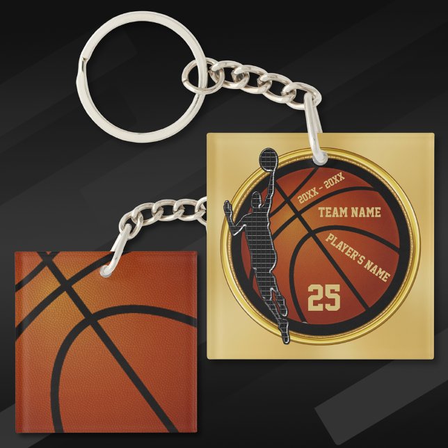 Llavero Regalos de baloncesto en negro y oro personalizado (Cool gifts for basketball players. Personalised basketball keyrings. Senior night basketball gifts.)
