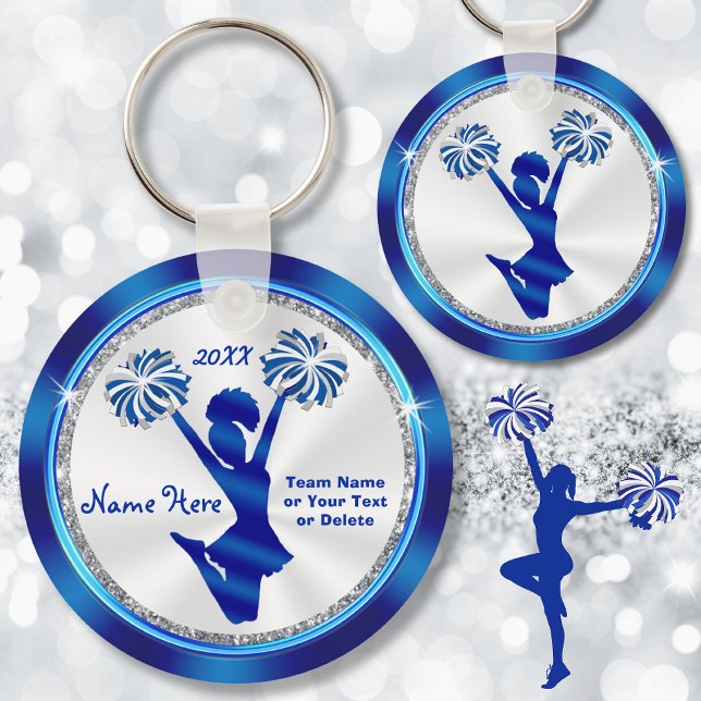 Llavero Regalos personalizados de Cheque Azul y Blanco por (Cheerleading banquet ideas. Cheerleader party Favors. Personalized cheerleading keychains.)