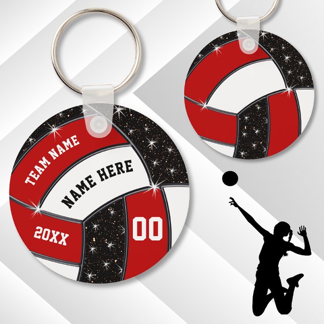 Llavero Regalos rojos de voleibol negro y blanco, voleibol (Volleyball Party Favors. Red, Black and White, Volleyball Keychains. Cheap Volleyball Gifts. )