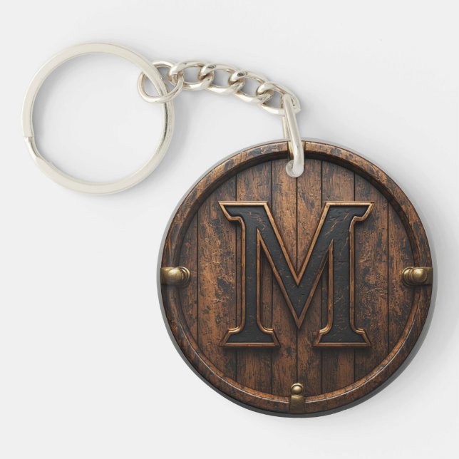 Llavero Remache de latón Emblema de barril M de madera mon (Frente)