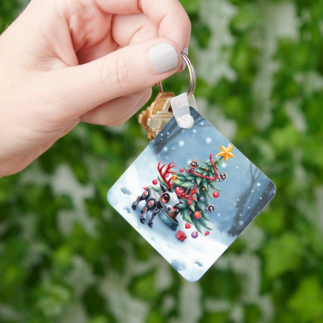 Llavero Reno ciberpunk lindo con árbol de Navidad (Mano)