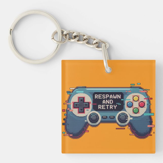 Llavero Respawn and Retry - Retro Gaming Glitch Art (Frente)