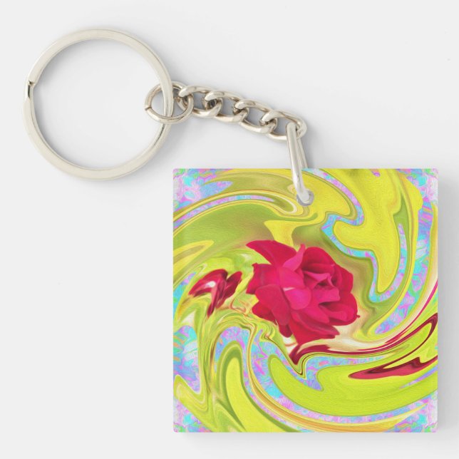 Llavero Resumen de la rosa roja en el remolino amarillo y  (Frente)