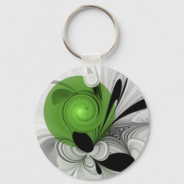 Llavero Resumen en blanco y negro con arte fractal verde (Anverso)