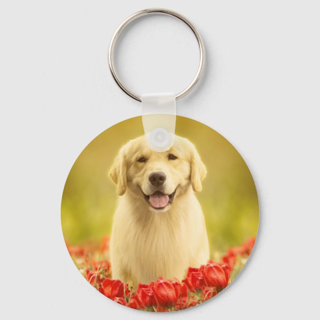 Llavero Retirador de oro en flores rojas (Anverso)