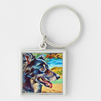 Llavero Retrato Artístico de Border Collie con Paisaje Esc