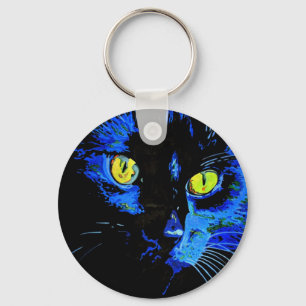 Llavero Retrato artístico de gato negro con E amarillo lla