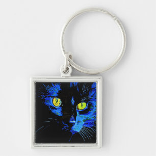 Llavero Retrato artístico de gato negro con E amarillo lla