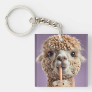 Llavero Retrato de Alpaca Esponjosa Bebiendo Té de Burbuja