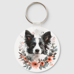 Llavero Retrato de Border Collie con Marco Floral