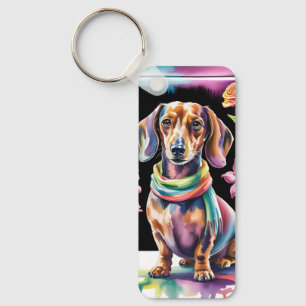 Llavero Retrato de Dachshund en luz de neón y marco floral