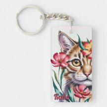 Retrato de gato con acuarela artística y flores ro