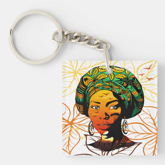 Llavero Retrato de mujer africana con puesta de sol (Frente)