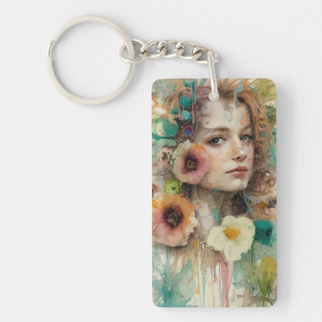 Llavero Retrato de mujer de flor abstracta (Frente)