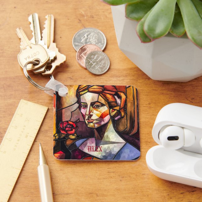 Llavero Retrato de mujer de vidrio templado con Rosa (Escritorio )
