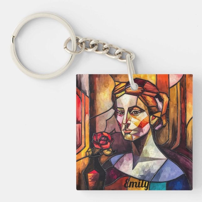 Llavero Retrato de mujer de vidrio templado con Rosa (Frente)