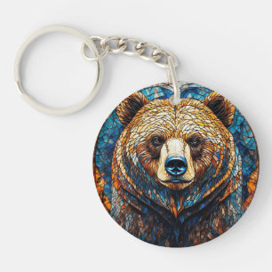 Llavero Retrato de oso grizzly en arte de vidrio teñido