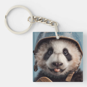 Llavero Retrato de panda gigante con casco azul vintage