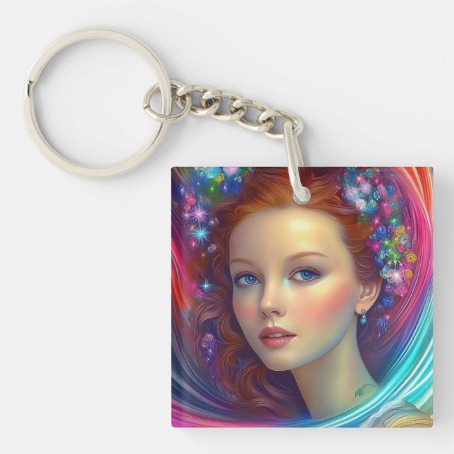 Llavero Retrato de pelo arcoiris encantado (Frente)