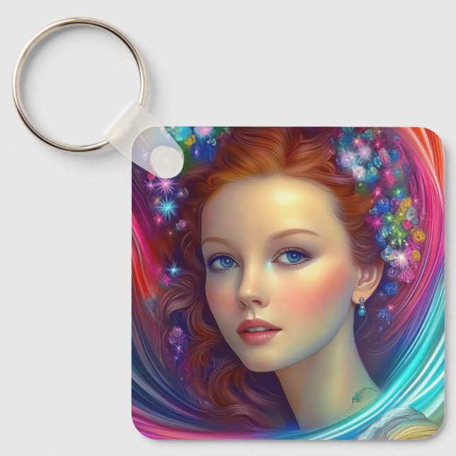 Llavero Retrato de pelo arcoiris encantado (Anverso)